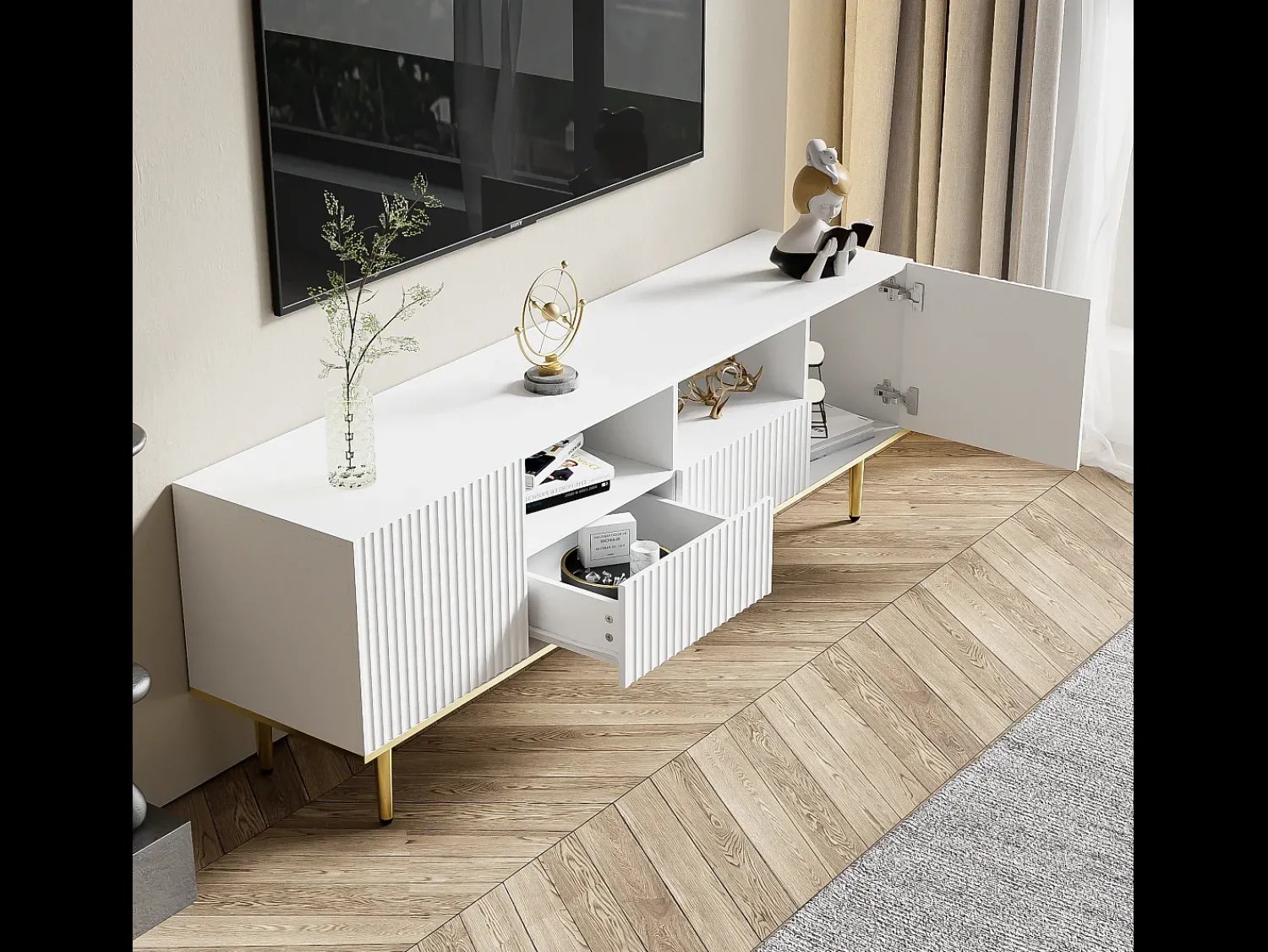 Móvel De Tv*Hauss Spole Móvel TV com 2 portas, 2 gavetas e 2 nichos, corpo ranhurado na cor branca com detalhes dourados - 165x36x55cm Branco