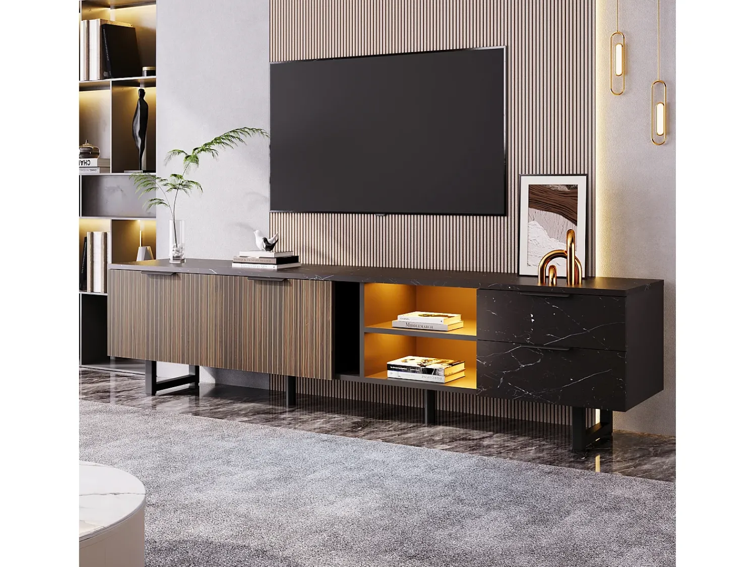 Clearance Merax Móvel TV com 2 portas, 2 gavetas e 2 nichos - 200 x 38 x 50 cm - LEDs - Madeira MDF - + madeira Preto
