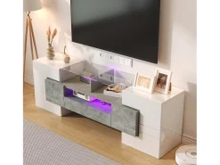 Móvel De Tv*Hauss Spole Móvel TV com 6 portas, 2 gavetas e 2 nichos, LED incluído, em laca branca brilhante e acabamento concreto cinza - 145x30x51cm Branco