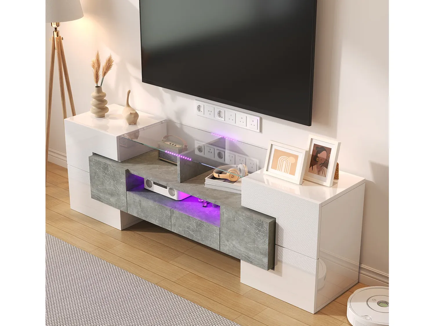 Móvel De Tv*Hauss Spole Móvel TV com 6 portas, 2 gavetas e 2 nichos, LED incluído, em laca branca brilhante e acabamento concreto cinza - 145x30x51cm Branco