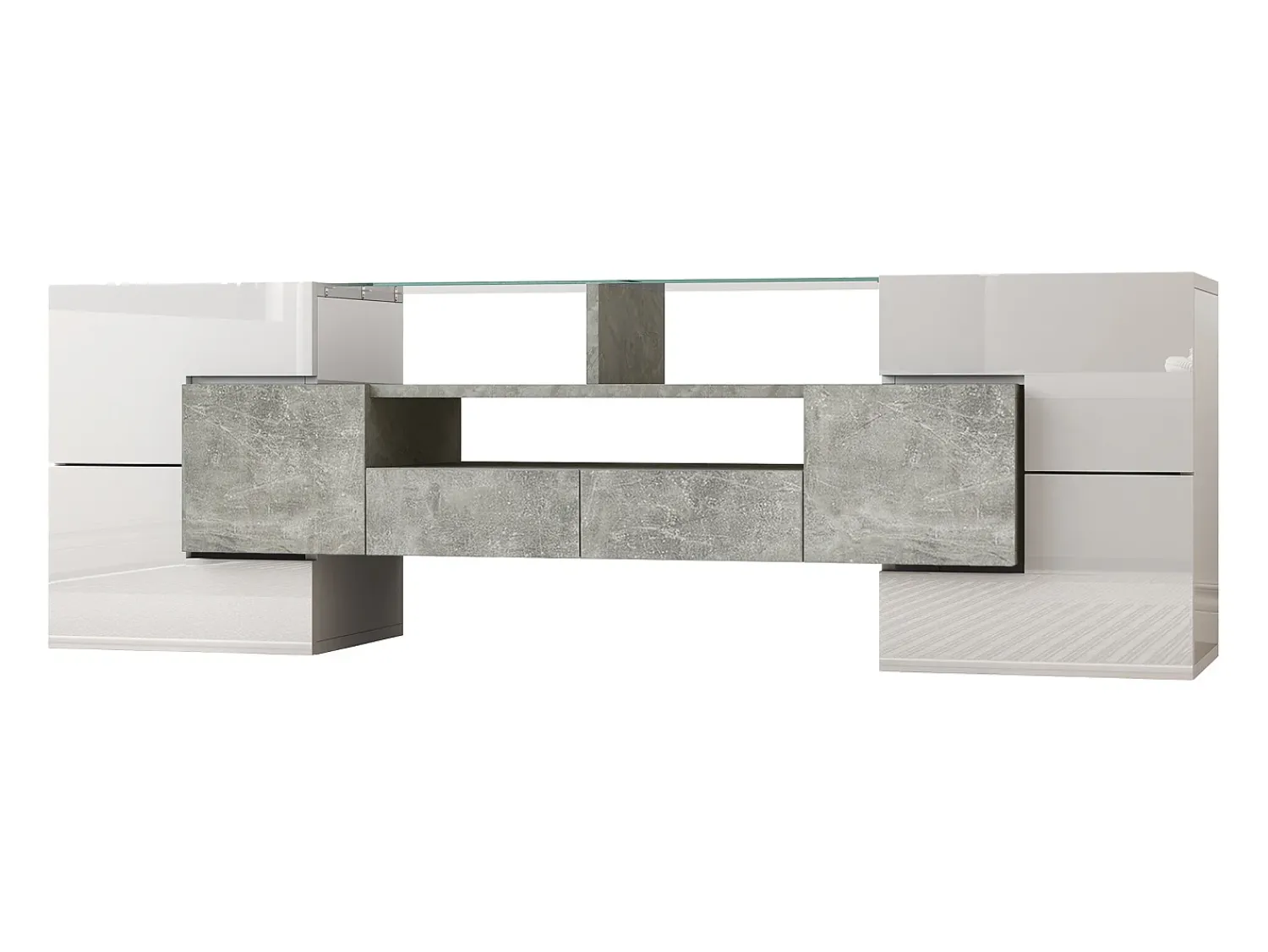 Móvel De Tv*Hauss Spole Móvel TV com 6 portas, 2 gavetas e 2 nichos, LED incluído, em laca branca brilhante e acabamento concreto cinza - 145x30x51cm Branco
