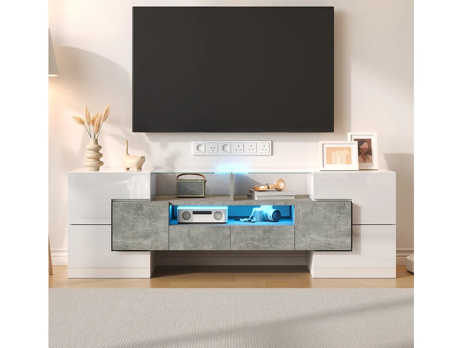 Móvel De Tv*Hauss Spole Móvel TV com 6 portas, 2 gavetas e 2 nichos, LED incluído, em laca branca brilhante e acabamento concreto cinza - 145x30x51cm Branco