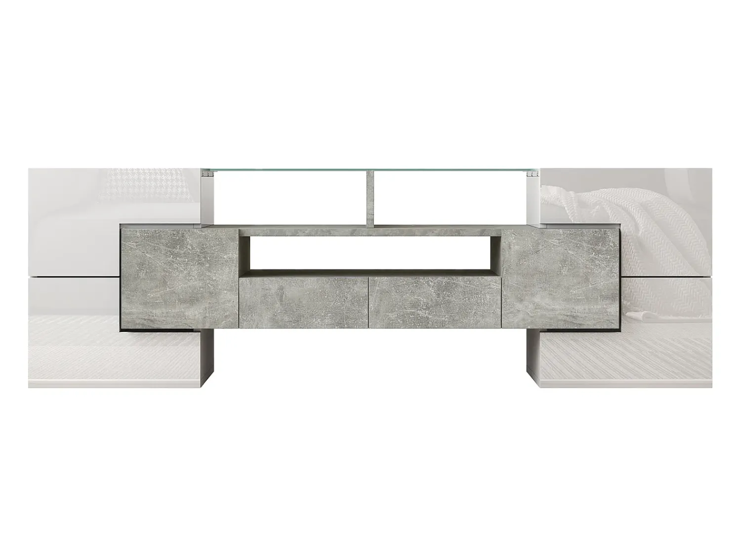 Móvel De Tv*Hauss Spole Móvel TV com 6 portas, 2 gavetas e 2 nichos, LED incluído, em laca branca brilhante e acabamento concreto cinza - 145x30x51cm Branco
