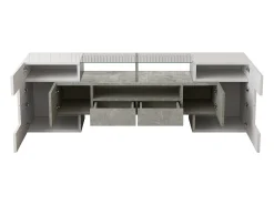 Móvel De Tv*Hauss Spole Móvel TV com 6 portas, 2 gavetas e 2 nichos, LED incluído, em laca branca brilhante e acabamento concreto cinza - 145x30x51cm Branco