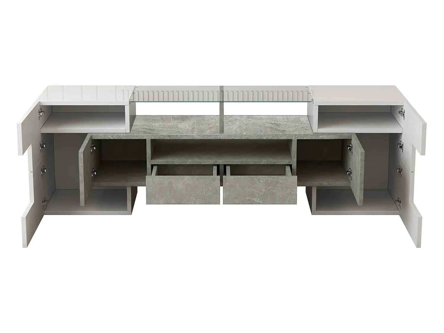 Móvel De Tv*Hauss Spole Móvel TV com 6 portas, 2 gavetas e 2 nichos, LED incluído, em laca branca brilhante e acabamento concreto cinza - 145x30x51cm Branco