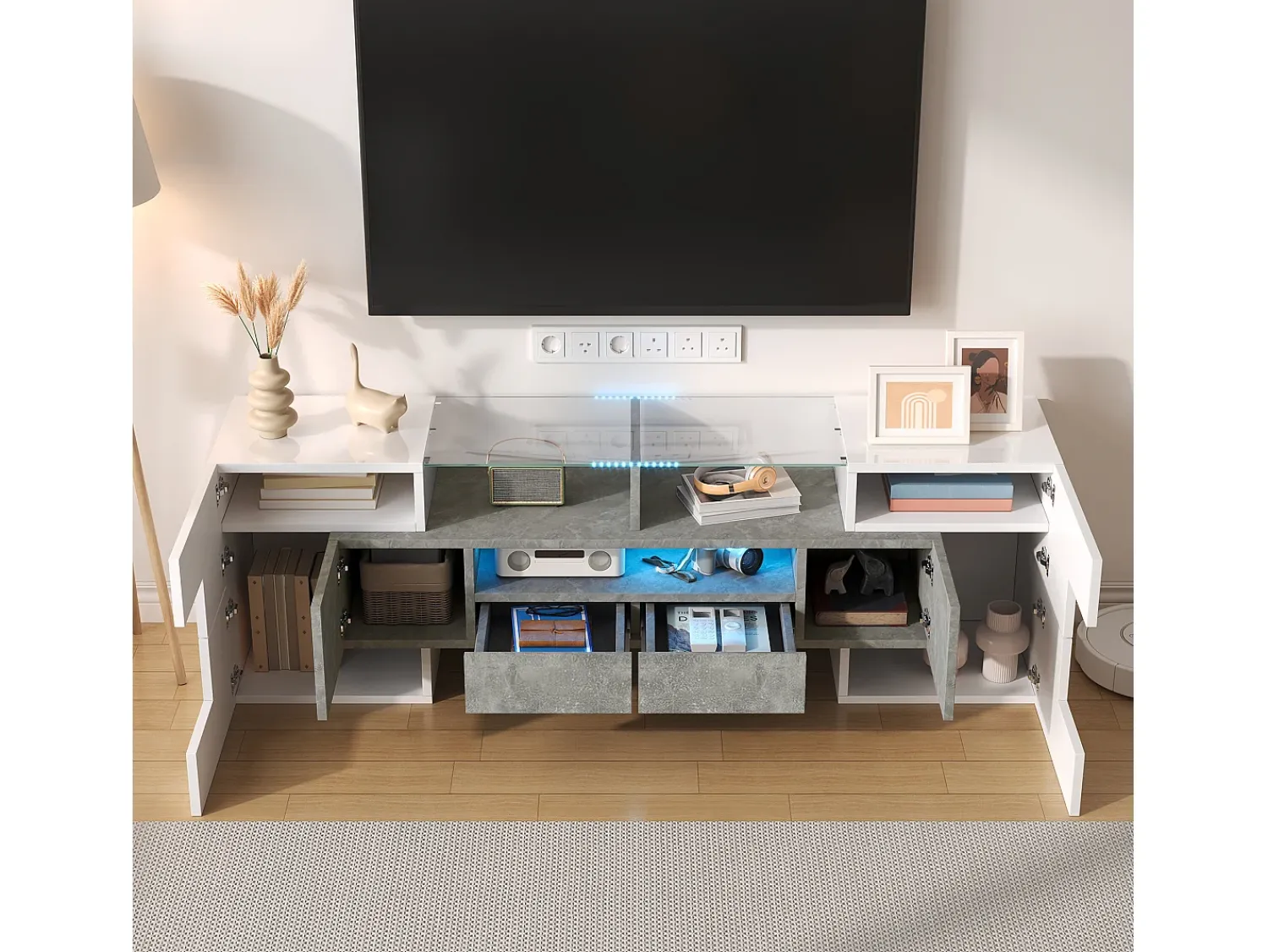 Móvel De Tv*Hauss Spole Móvel TV com 6 portas, 2 gavetas e 2 nichos, LED incluído, em laca branca brilhante e acabamento concreto cinza - 145x30x51cm Branco