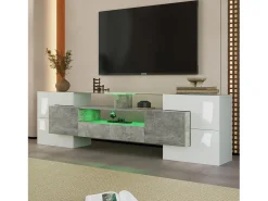 Móvel De Tv|Hauss Spole Móvel TV com 6 portas, 2 gavetas e 3 nichos com LED, lacado a branco e folheado a mármore cinza Cinzento