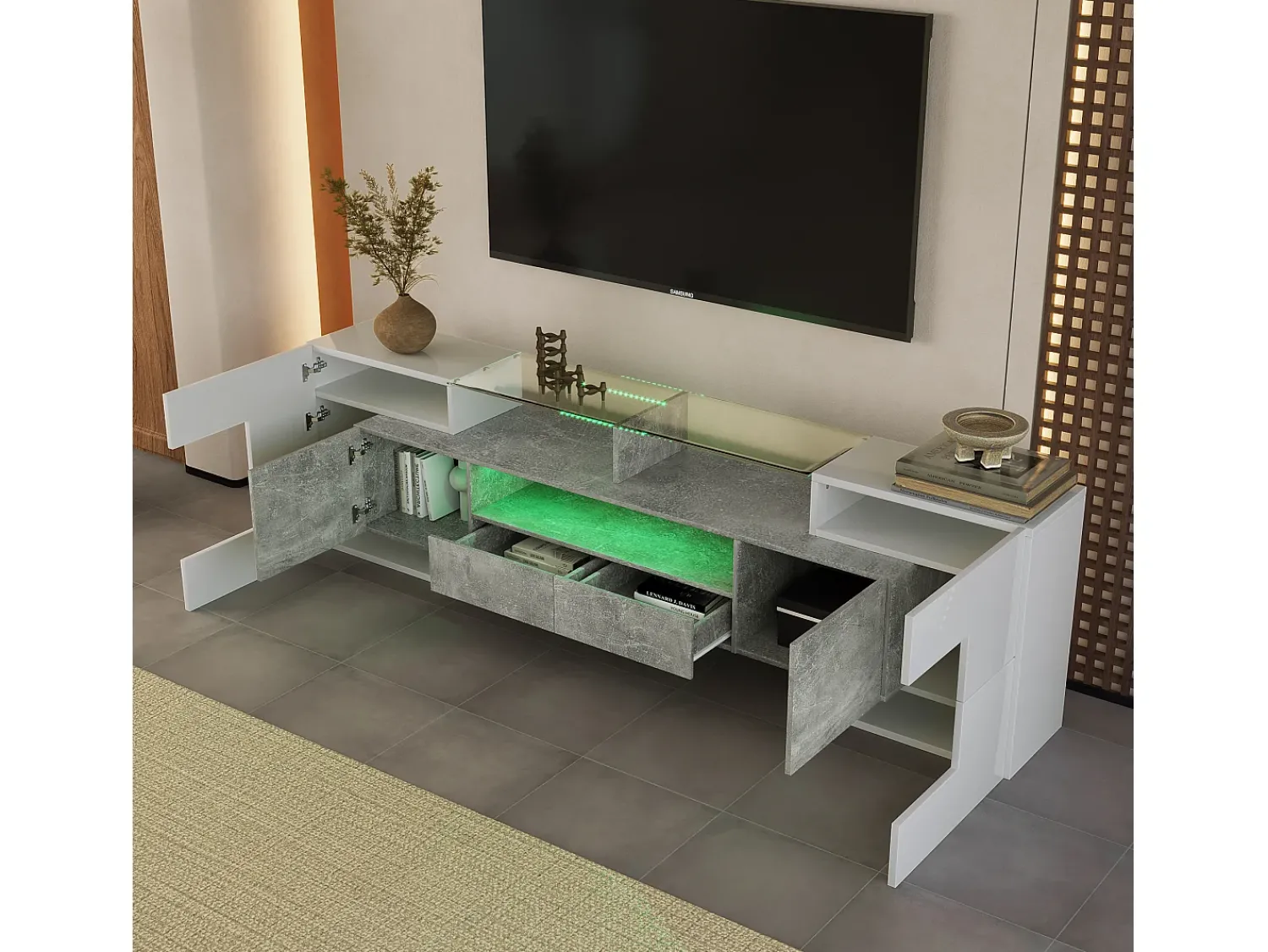 Móvel De Tv|Hauss Spole Móvel TV com 6 portas, 2 gavetas e 3 nichos com LED, lacado a branco e folheado a mármore cinza Cinzento