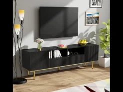 Hot Merax Móvel TV com 2 portas, 2 gavetas e 2 nichos - 165x36x55cm - Aglomerado e pés dourados - Preto