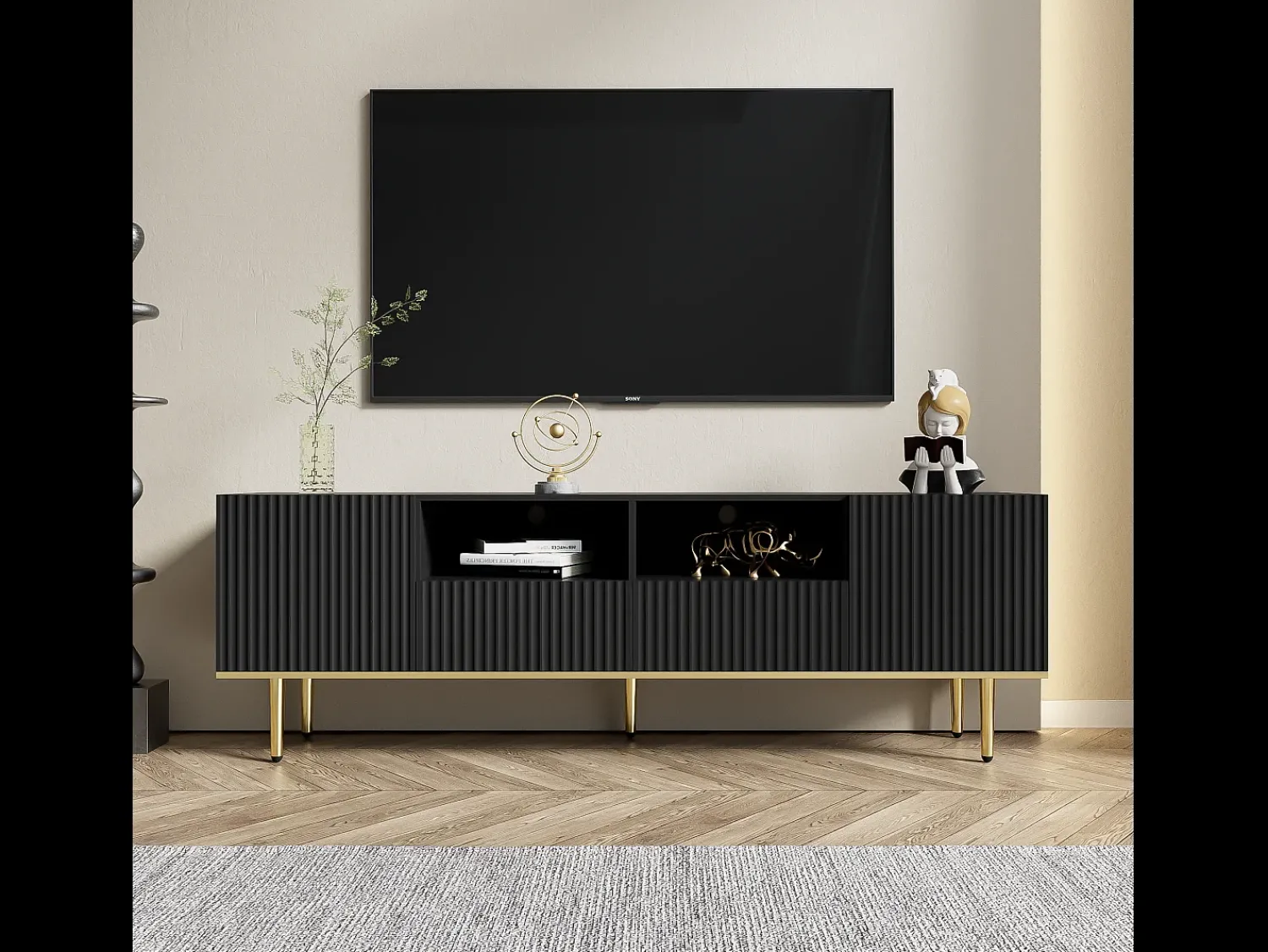 Hot Merax Móvel TV com 2 portas, 2 gavetas e 2 nichos - 165x36x55cm - Aglomerado e pés dourados - Preto