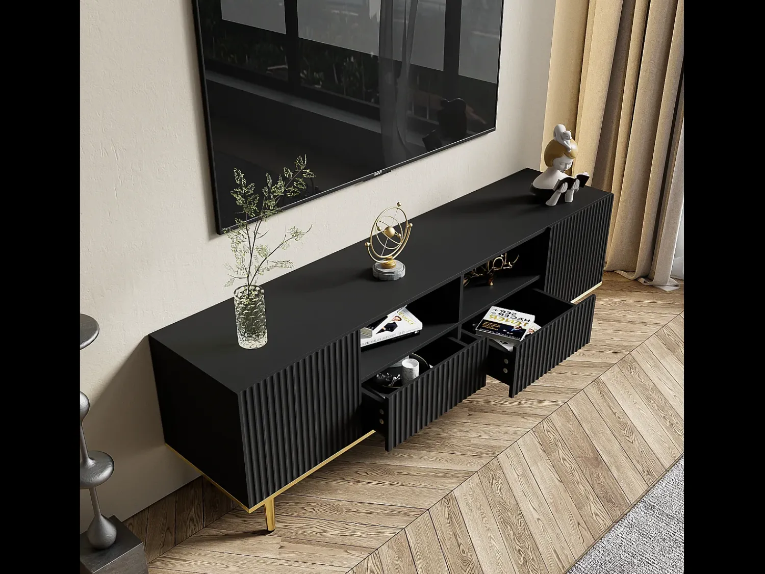 Hot Merax Móvel TV com 2 portas, 2 gavetas e 2 nichos - 165x36x55cm - Aglomerado e pés dourados - Preto