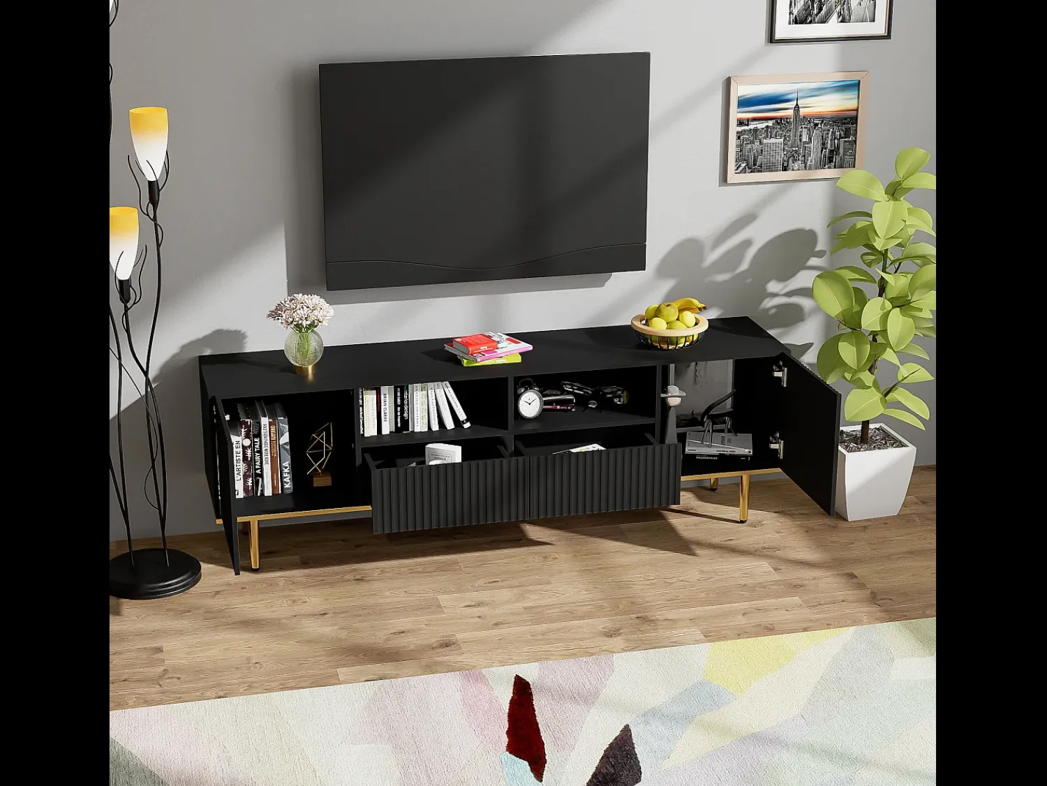 Hot Merax Móvel TV com 2 portas, 2 gavetas e 2 nichos - 165x36x55cm - Aglomerado e pés dourados - Preto