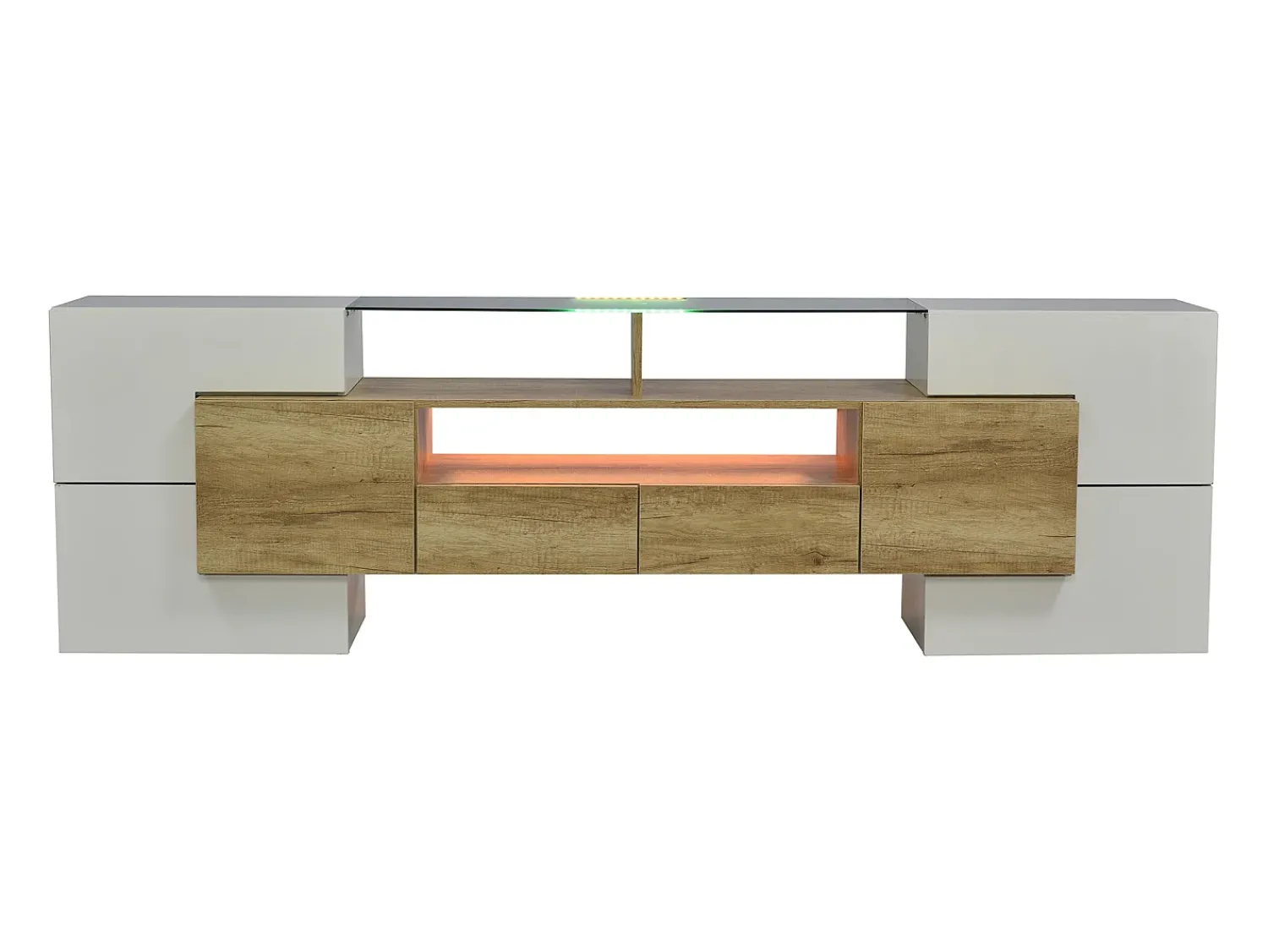 Hauss Spole Móvel TV com 6 portas, 2 gavetas e 3 nichos com LED, branco brilhante e luz natural^ Móvel De Tv