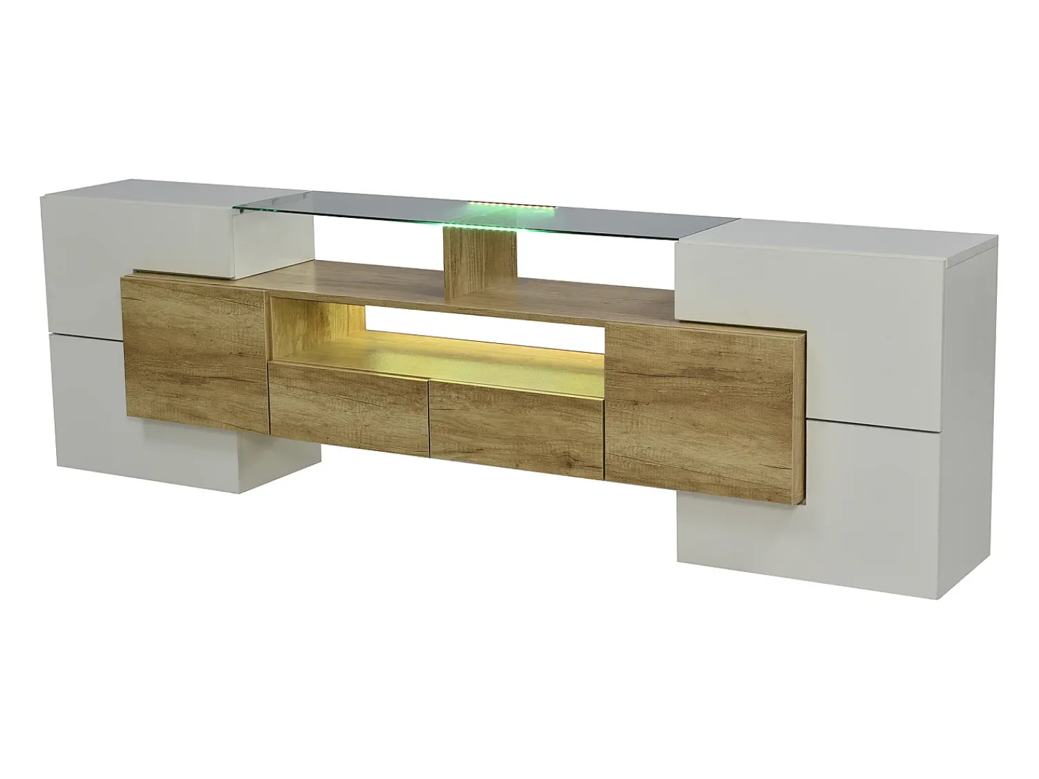 Hauss Spole Móvel TV com 6 portas, 2 gavetas e 3 nichos com LED, branco brilhante e luz natural^ Móvel De Tv