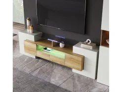 Hauss Spole Móvel TV com 6 portas, 2 gavetas e 3 nichos com LED, branco brilhante e luz natural^ Móvel De Tv