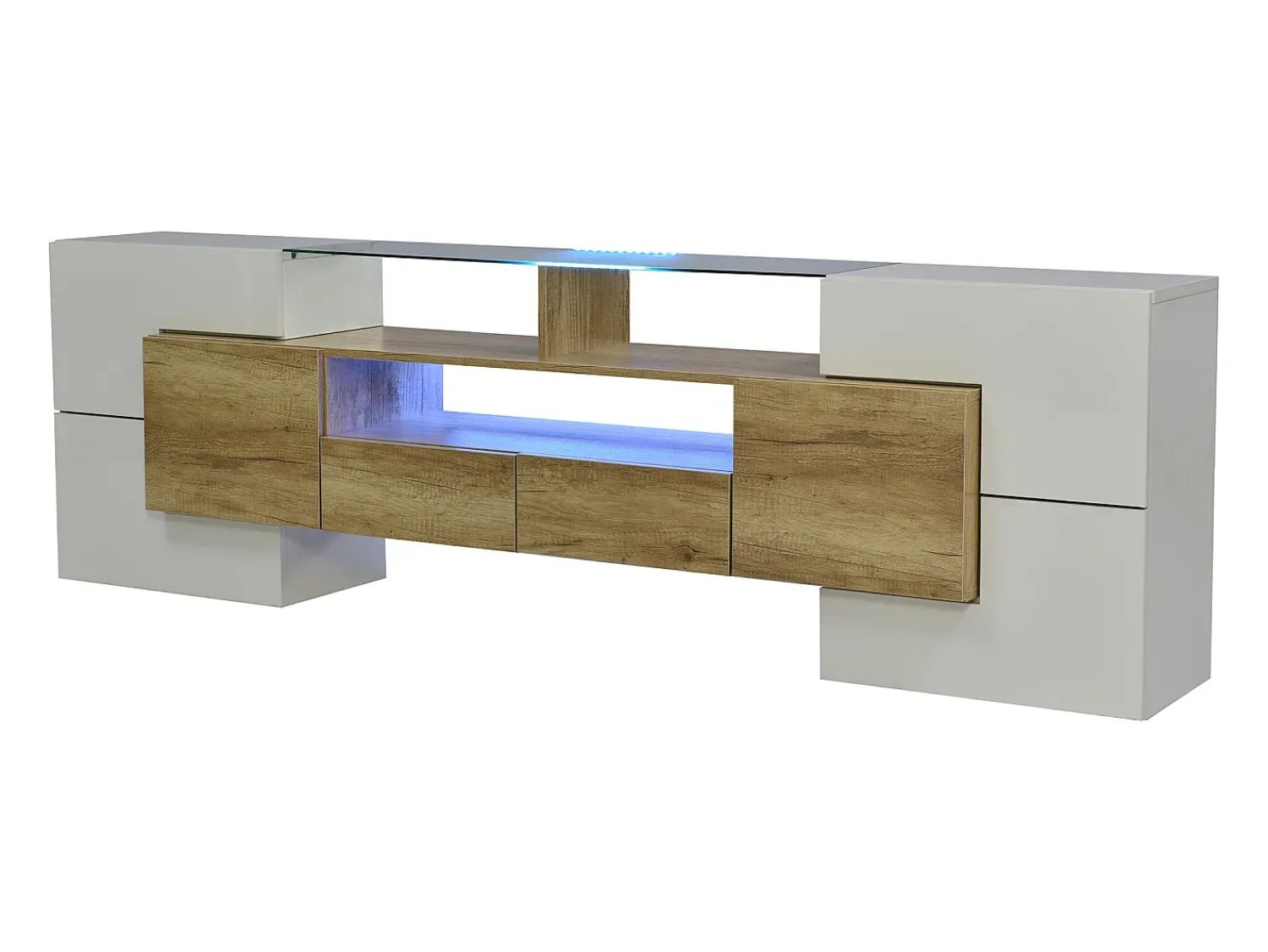 Hauss Spole Móvel TV com 6 portas, 2 gavetas e 3 nichos com LED, branco brilhante e luz natural^ Móvel De Tv