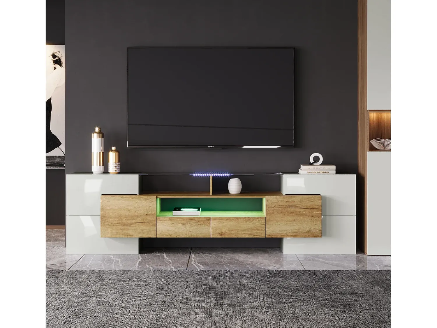 Hauss Spole Móvel TV com 6 portas, 2 gavetas e 3 nichos com LED, branco brilhante e luz natural^ Móvel De Tv