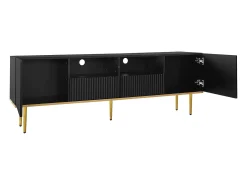 Online Hauss Spole Móvel TV com 2 portas, 2 gavetas e 2 nichos, corpo ranhurado na cor preta com detalhes dourados - 165x36x55cm Preto