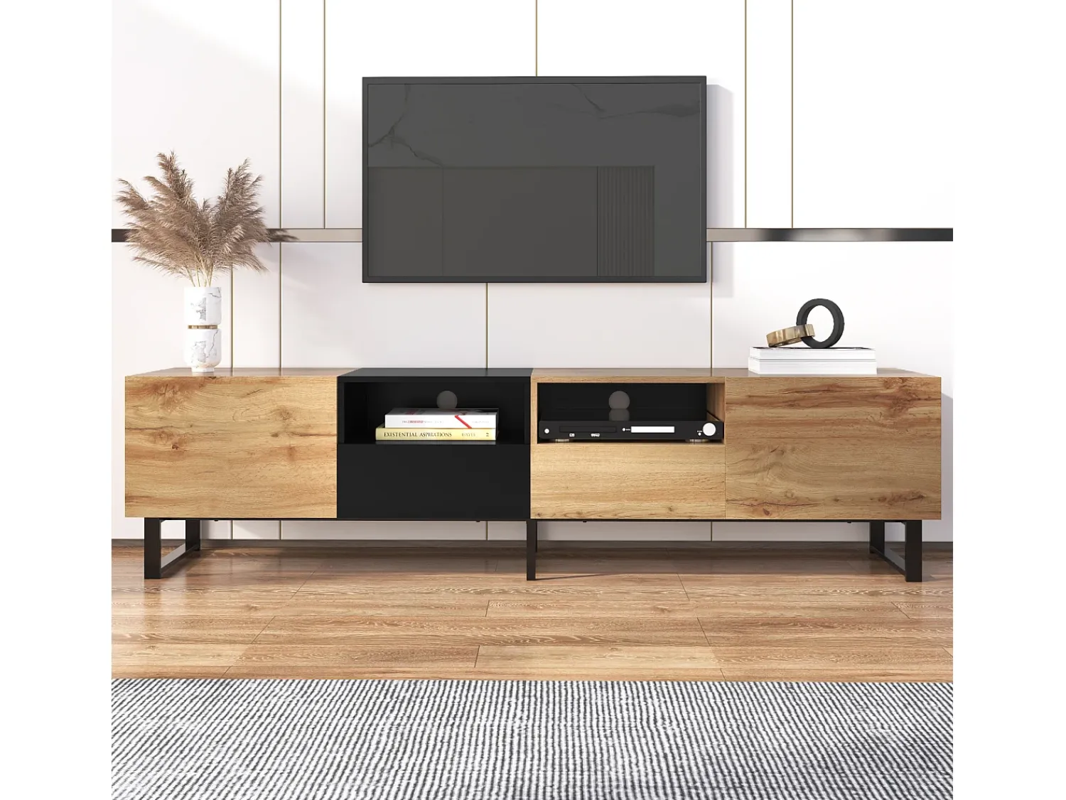 Móvel De Tv*Hauss Spole Móvel TV com 2 portas, 2 gavetas e 2 nichos, em preto e folheado de madeira natural Natural claro