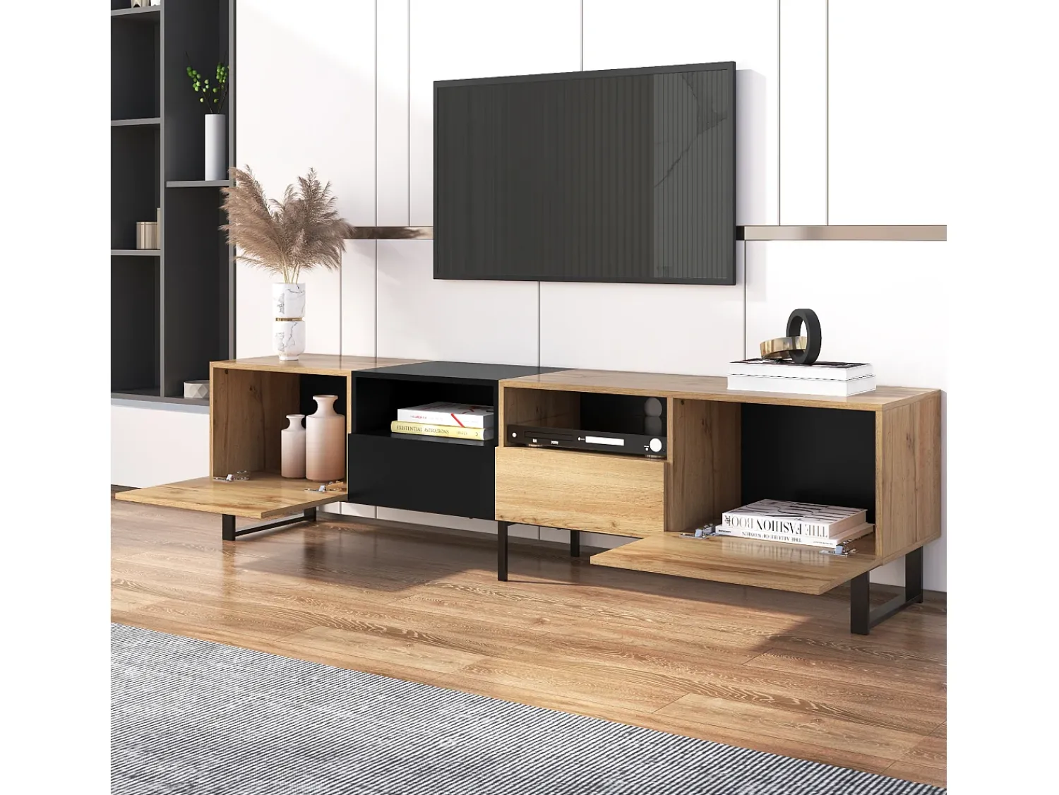 Móvel De Tv*Hauss Spole Móvel TV com 2 portas, 2 gavetas e 2 nichos, em preto e folheado de madeira natural Natural claro