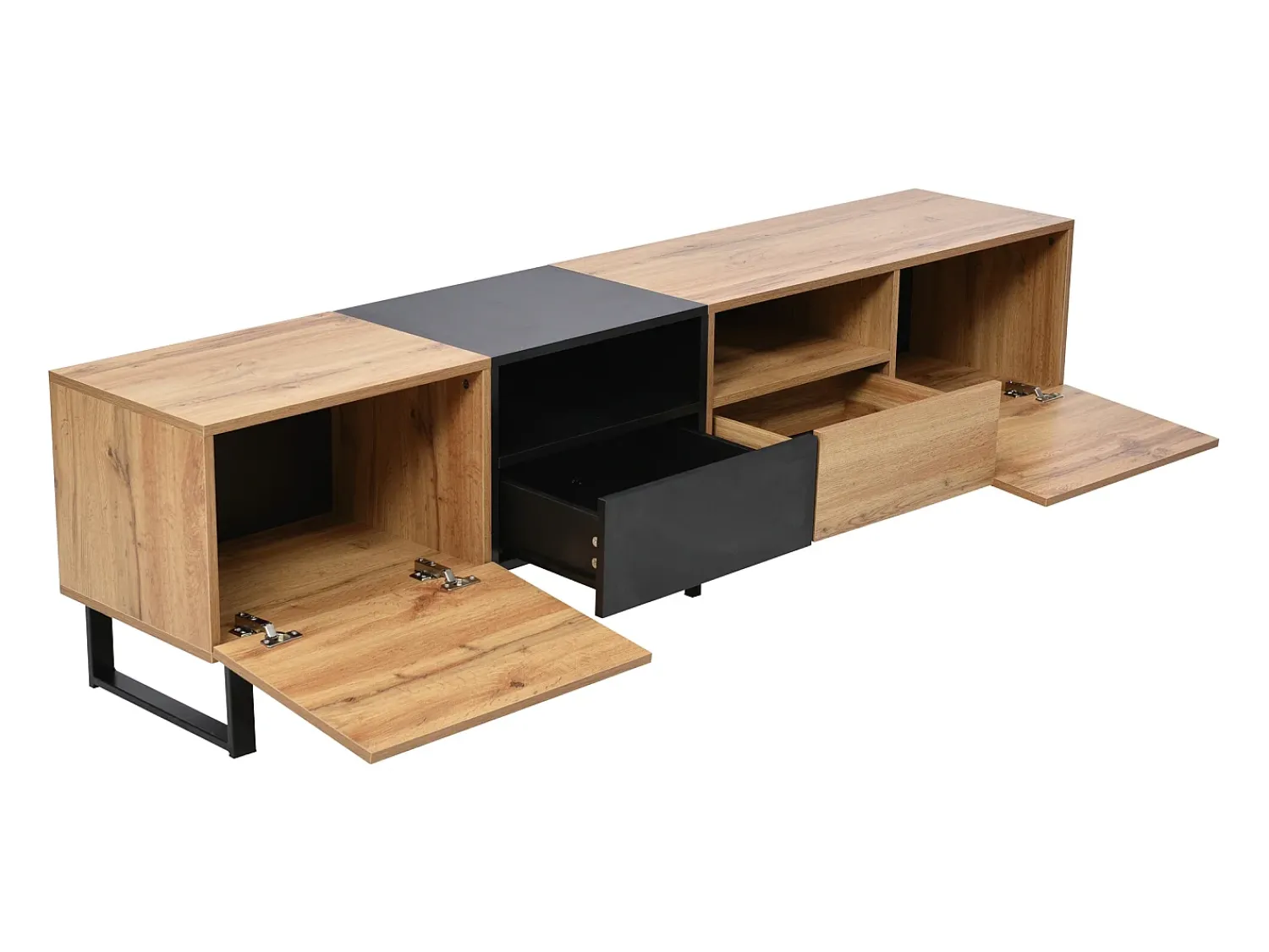 Móvel De Tv*Hauss Spole Móvel TV com 2 portas, 2 gavetas e 2 nichos, em preto e folheado de madeira natural Natural claro
