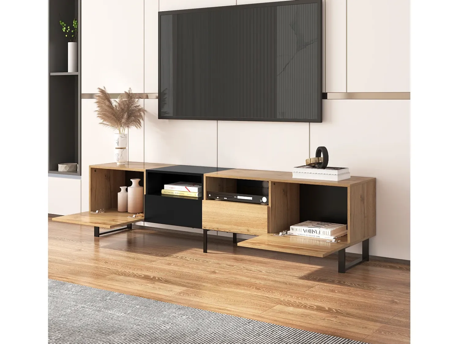 Móvel De Tv*Hauss Spole Móvel TV com 2 portas, 2 gavetas e 2 nichos, em preto e folheado de madeira natural Natural claro