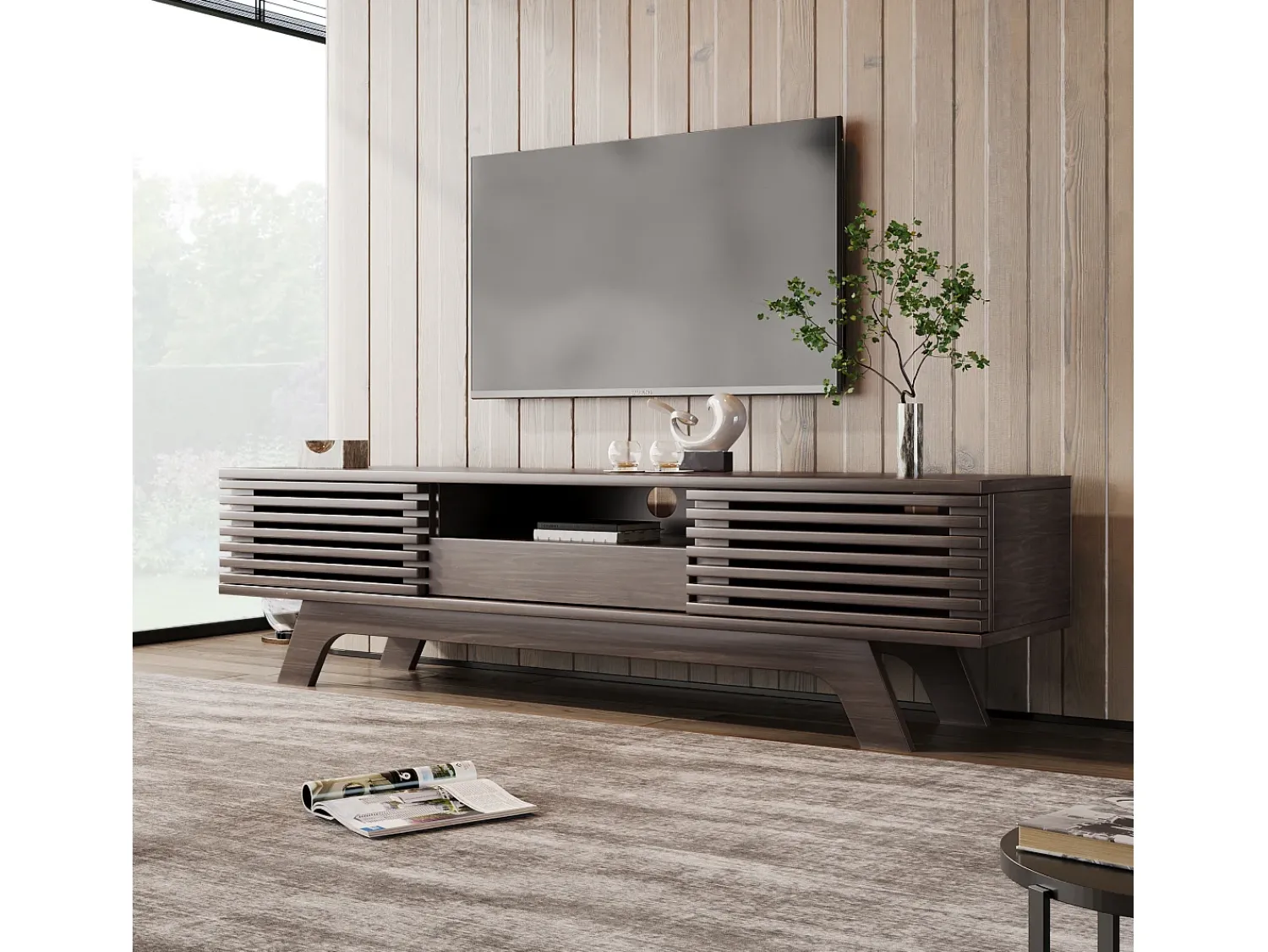 Merax Móvel TV com 2 portas, 1 gaveta e 1 nicho - Aglomerado - 150 x 40 x 44,5 cm - Natural^ Móvel De Tv