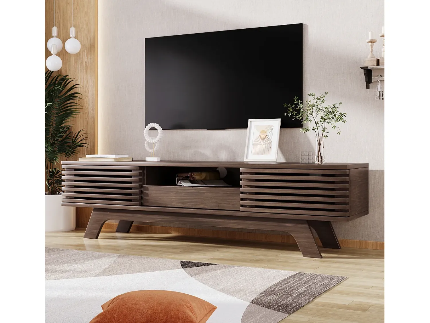 Merax Móvel TV com 2 portas, 1 gaveta e 1 nicho - Aglomerado - 150 x 40 x 44,5 cm - Natural^ Móvel De Tv