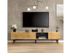 Best Hauss Spole Móvel TV com 3 portas, 2 nichos e LED, corpo em madeira natural clara, pés pretos Natural claro