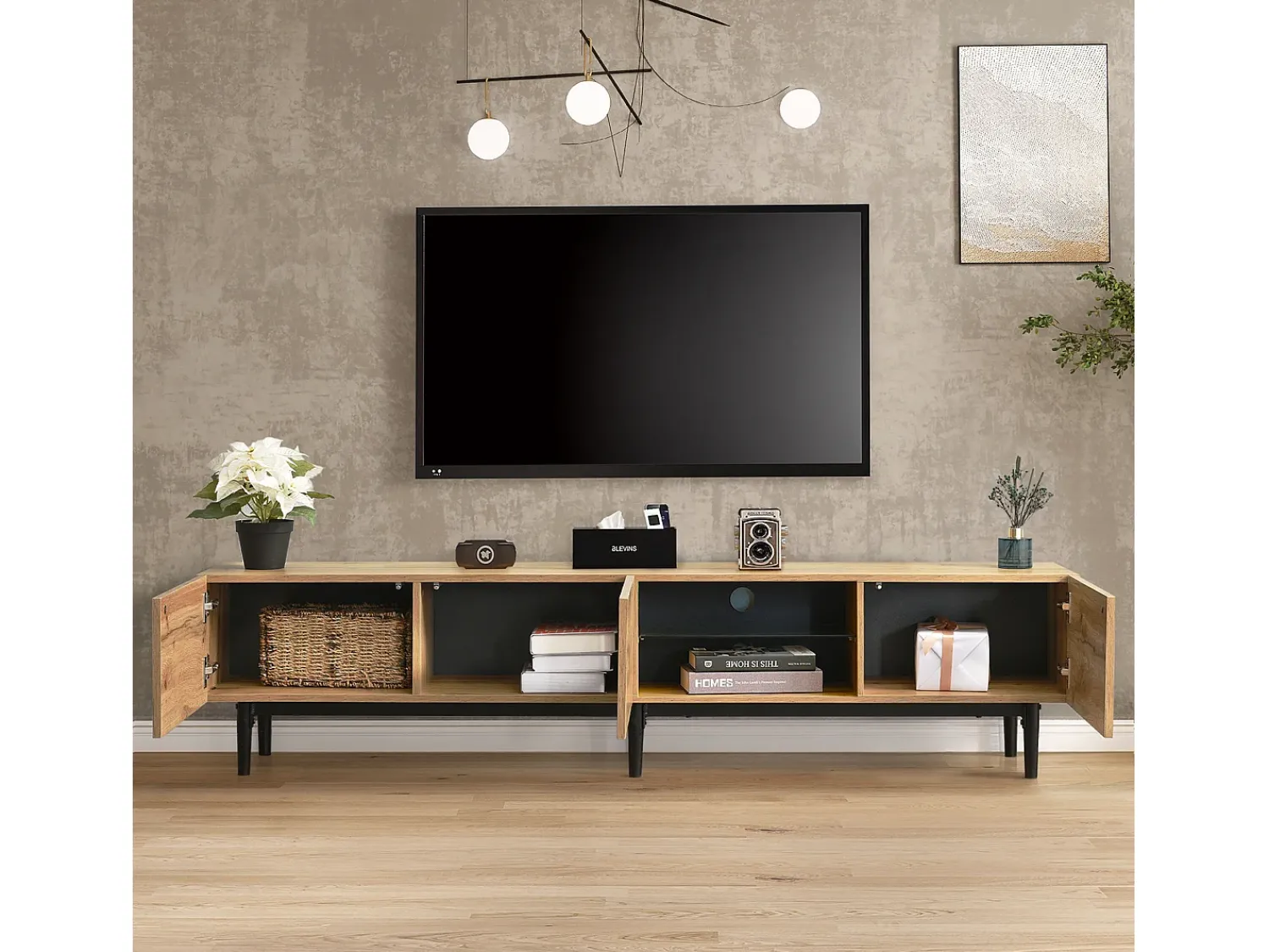 Best Hauss Spole Móvel TV com 3 portas, 2 nichos e LED, corpo em madeira natural clara, pés pretos Natural claro