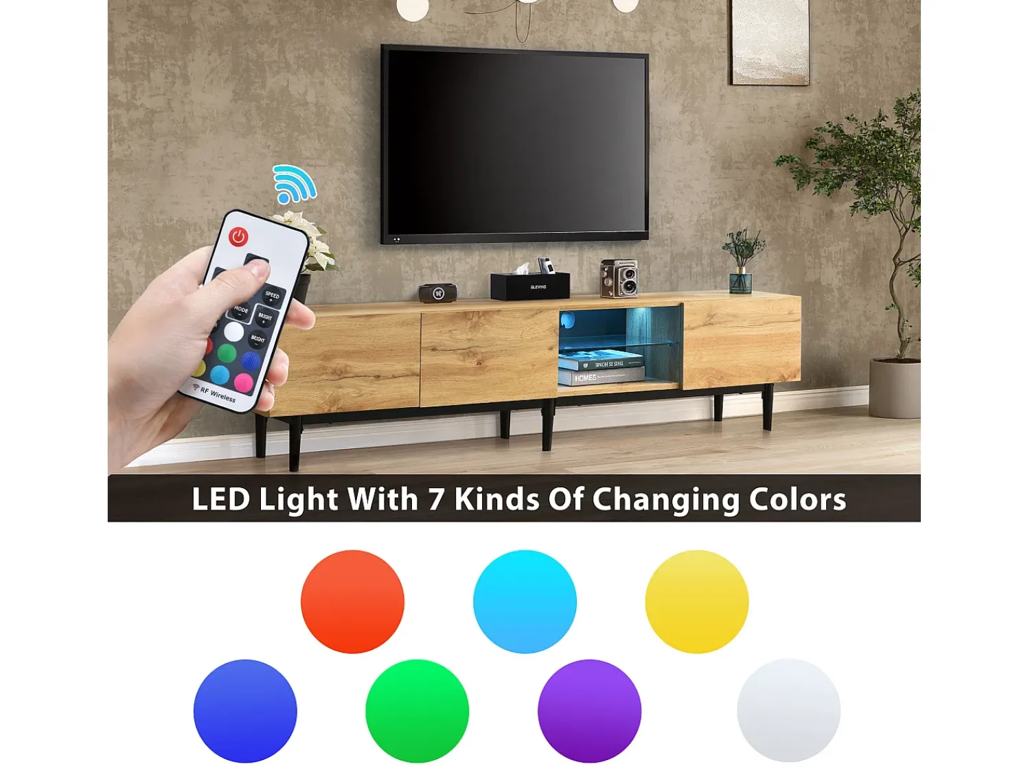 Best Hauss Spole Móvel TV com 3 portas, 2 nichos e LED, corpo em madeira natural clara, pés pretos Natural claro
