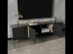 Móvel De Tv*Hauss Spole Móvel TV com 4 portas, corpo lacado brilhante e faixa dourada - 170x35x46cm Preto