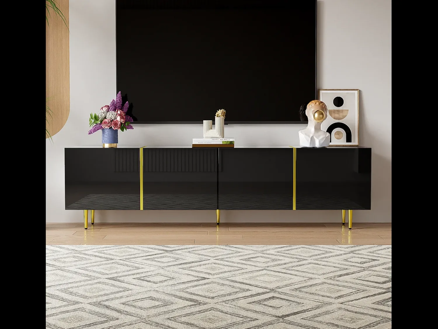 Móvel De Tv*Hauss Spole Móvel TV com 4 portas, corpo lacado brilhante e faixa dourada - 170x35x46cm Preto