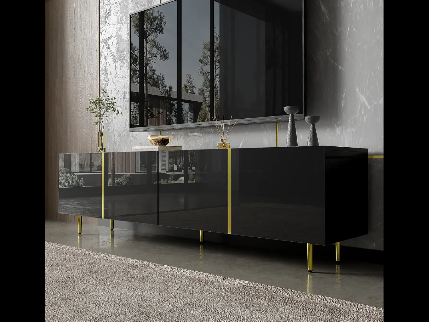 Móvel De Tv*Hauss Spole Móvel TV com 4 portas, corpo lacado brilhante e faixa dourada - 170x35x46cm Preto