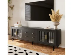 Discount Merax Móvel TV com 4 portas de vidro e 2 gavetas - 175x38x55,5cm - Aglomerado - Puxadores dourados - Preto