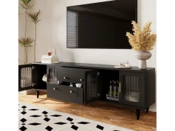 Discount Merax Móvel TV com 4 portas de vidro e 2 gavetas - 175x38x55,5cm - Aglomerado - Puxadores dourados - Preto