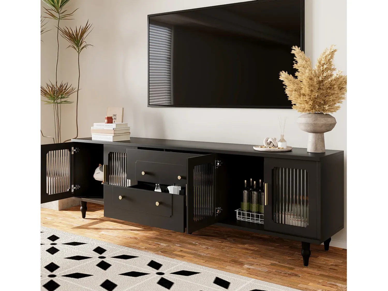 Discount Merax Móvel TV com 4 portas de vidro e 2 gavetas - 175x38x55,5cm - Aglomerado - Puxadores dourados - Preto