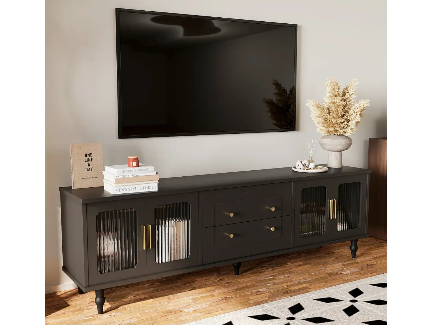 Discount Merax Móvel TV com 4 portas de vidro e 2 gavetas - 175x38x55,5cm - Aglomerado - Puxadores dourados - Preto