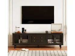 Discount Merax Móvel TV com 4 portas de vidro e 2 gavetas - 175x38x55,5cm - Aglomerado - Puxadores dourados - Preto