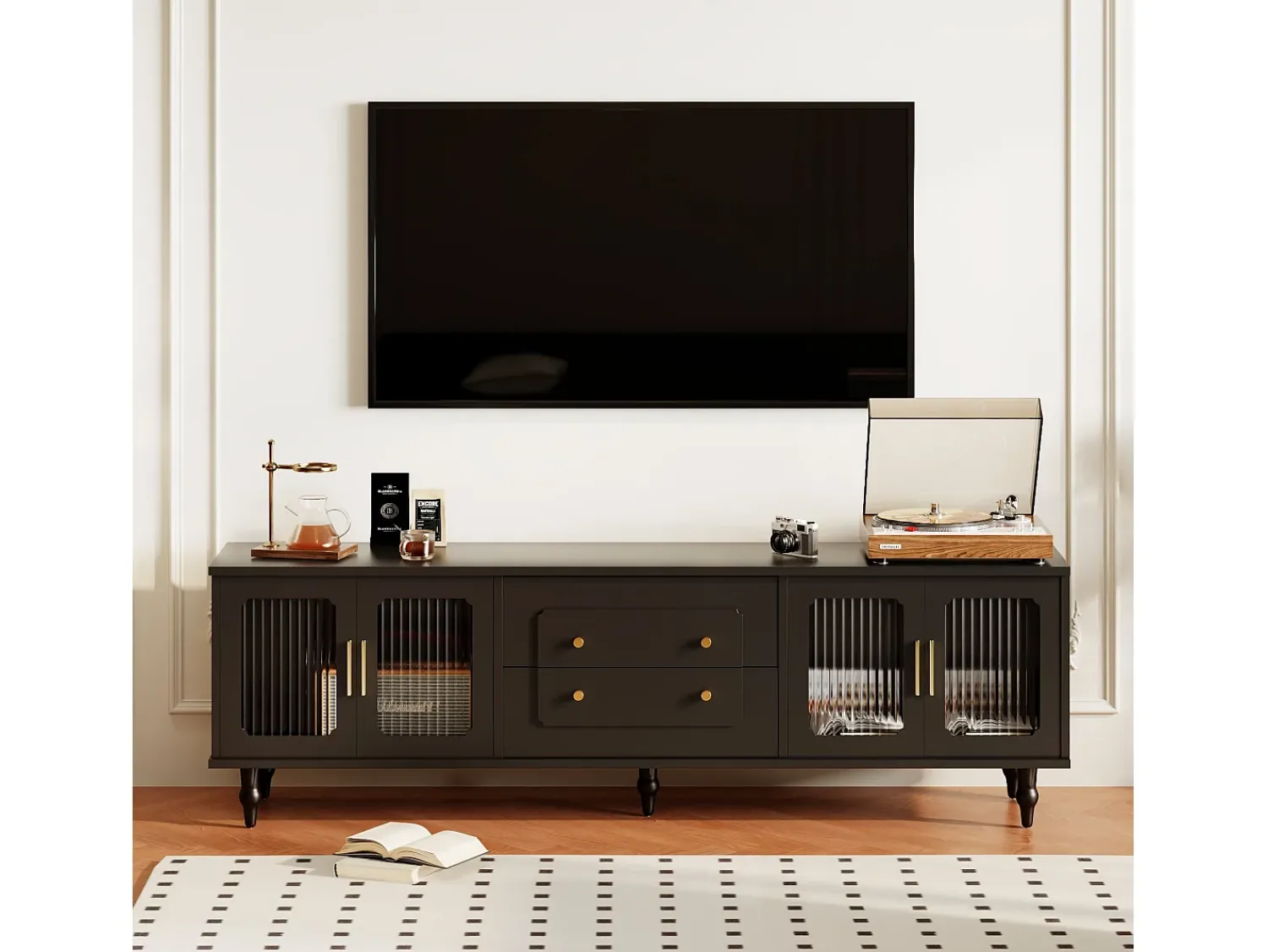 Discount Merax Móvel TV com 4 portas de vidro e 2 gavetas - 175x38x55,5cm - Aglomerado - Puxadores dourados - Preto