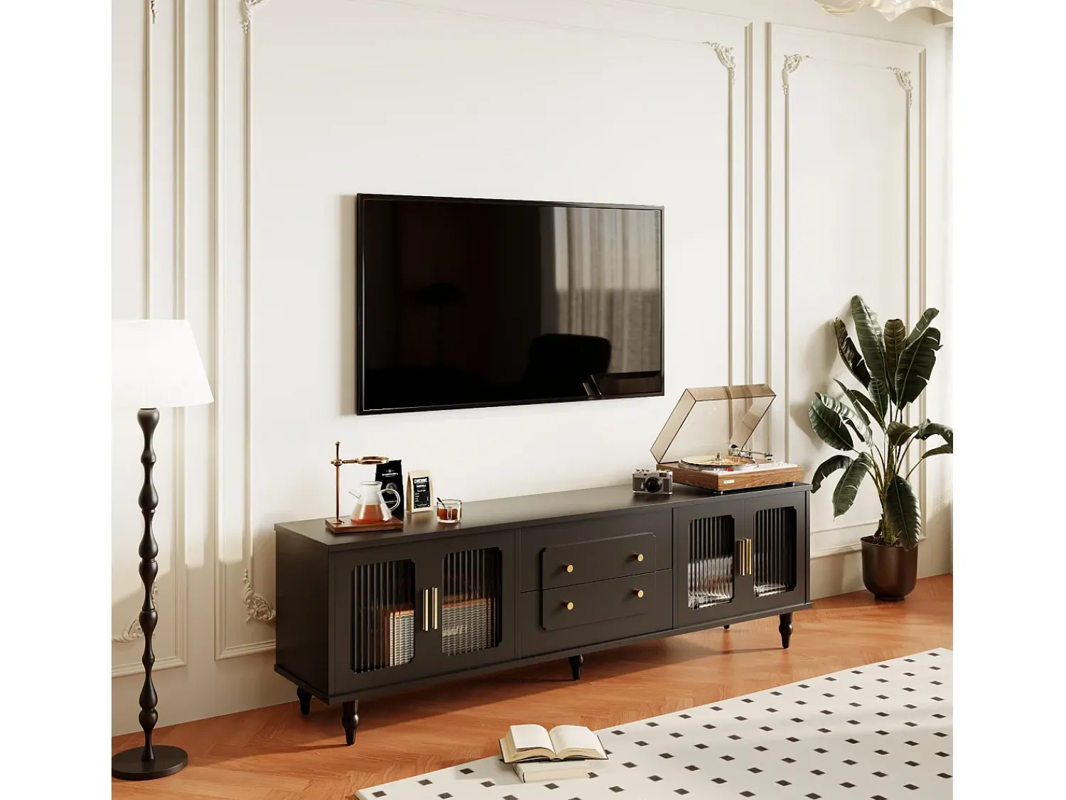 Discount Merax Móvel TV com 4 portas de vidro e 2 gavetas - 175x38x55,5cm - Aglomerado - Puxadores dourados - Preto