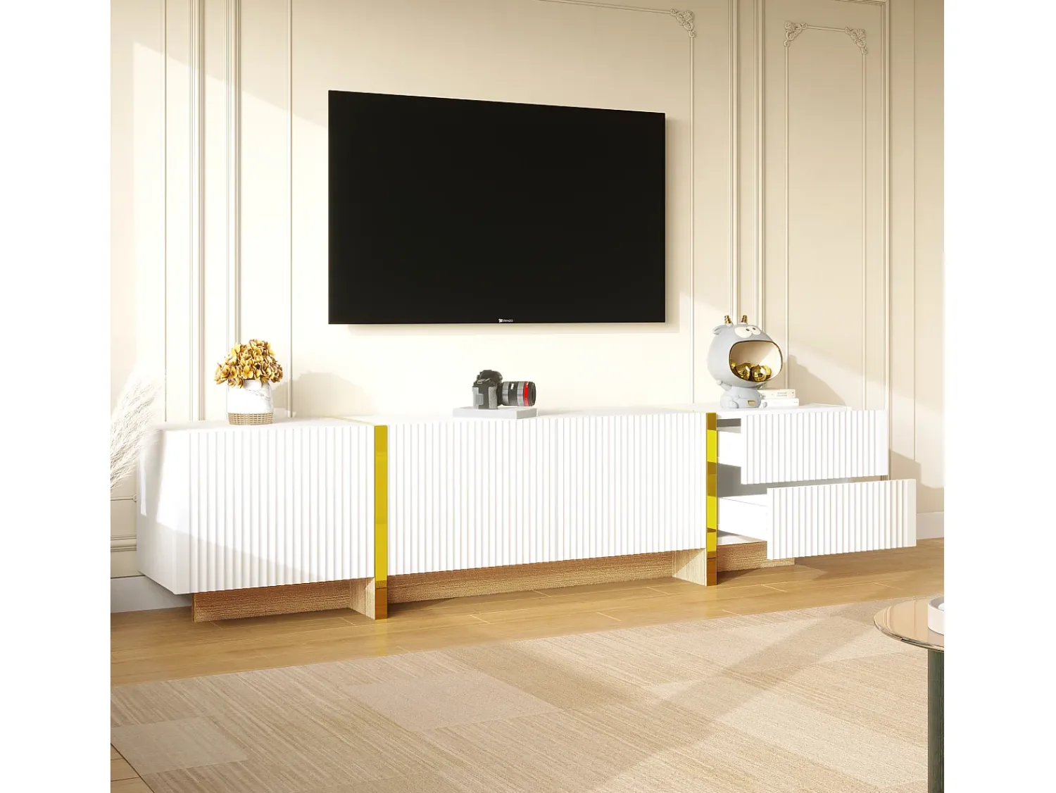 Sale Hauss Spole Móvel TV com 3 portas e 2 gavetas, corpo ranhurado na cor branca com detalhes s - 190x35x45cm Dourado