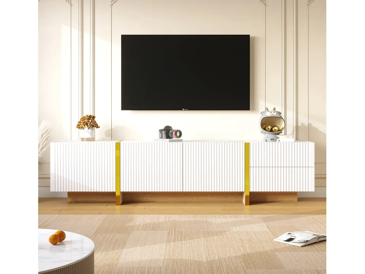 Sale Hauss Spole Móvel TV com 3 portas e 2 gavetas, corpo ranhurado na cor branca com detalhes s - 190x35x45cm Dourado
