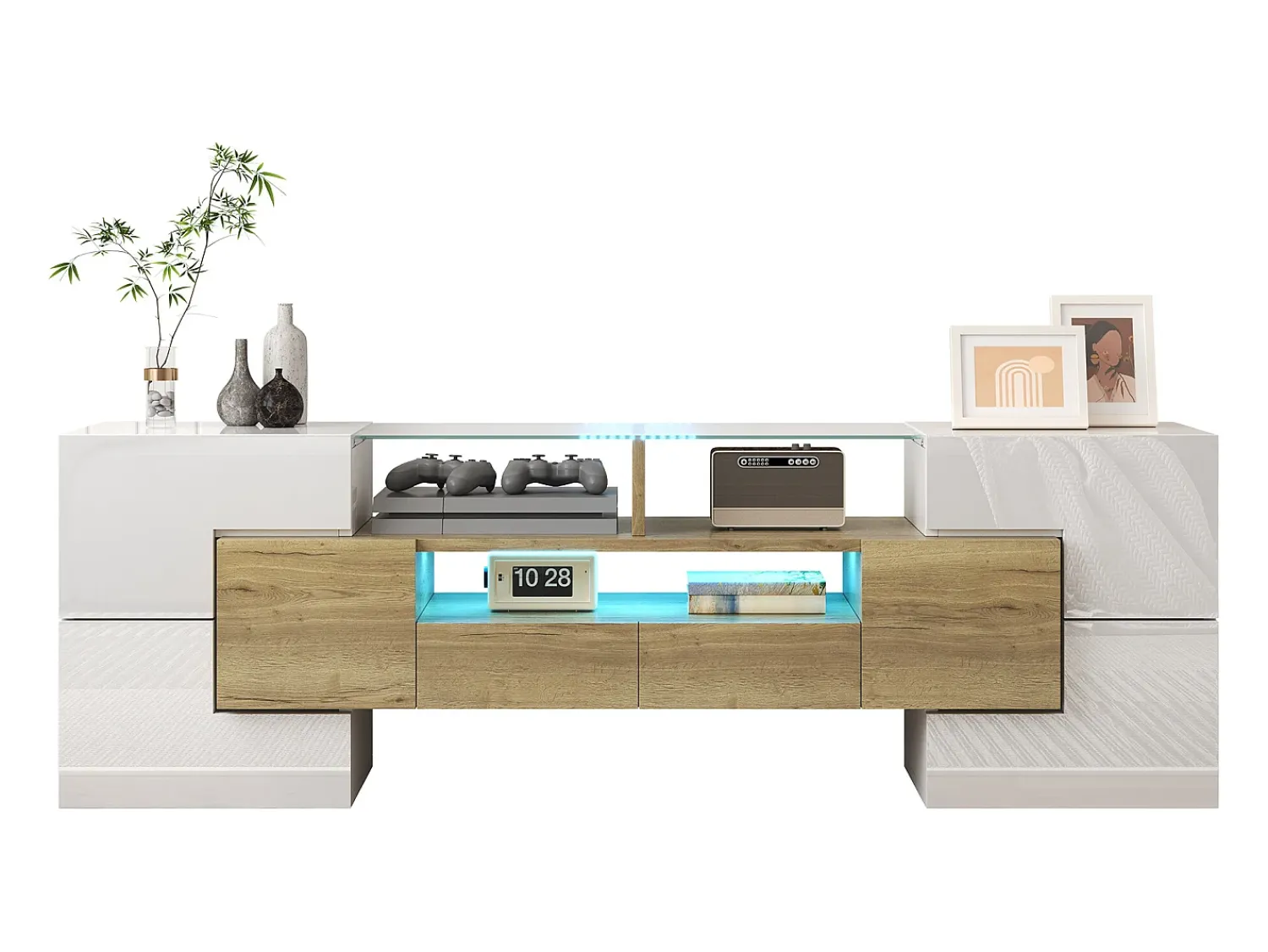 Móvel De Tv|Merax Móvel TV com 4 portas e 2 gavetas - 145 x 30 x 51 cm - LEDs - Aglomerado - +Ouro Branco