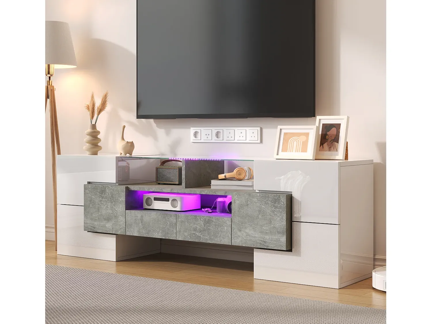 Móvel De Tv*Merax Móvel TV com 4 portas e 2 gavetas - 145 x 30 x 51 cm - LEDs - Aglomerado - Branco