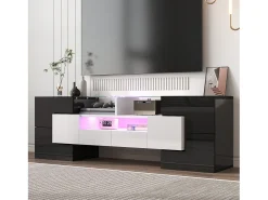 Merax Móvel TV com 4 portas e 2 gavetas - 145 x 30 x 51 cm - LEDs - Aglomerado - Branco +^ Móvel De Tv