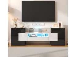 Merax Móvel TV com 4 portas e 2 gavetas - 145 x 30 x 51 cm - LEDs - Aglomerado - Branco +^ Móvel De Tv