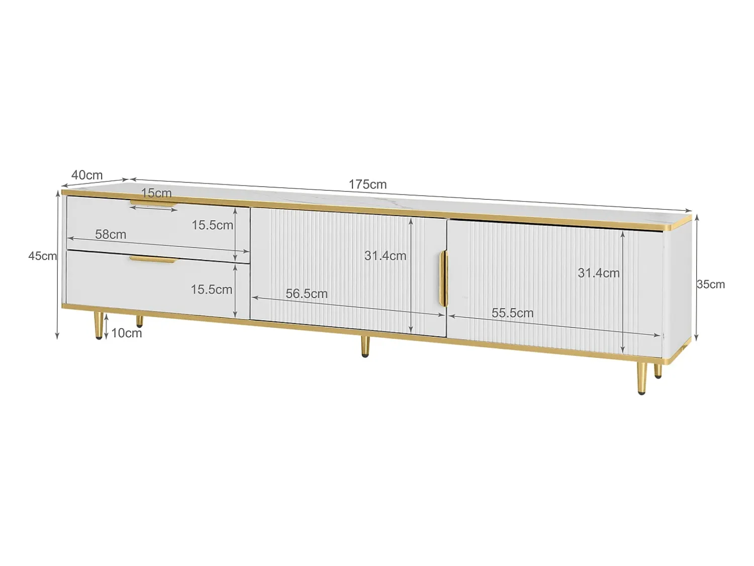 Merax Móvel TV com 2 portas e 2 gavetas - 175x40x45cm - Madeira MDF - puxadores e pés dourados - tampo padrão mármore -^ Móvel De Tv