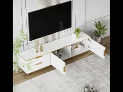 Merax Móvel TV com 2 portas e 2 gavetas - 175x40x45cm - Madeira MDF - puxadores e pés dourados - tampo padrão mármore -^ Móvel De Tv