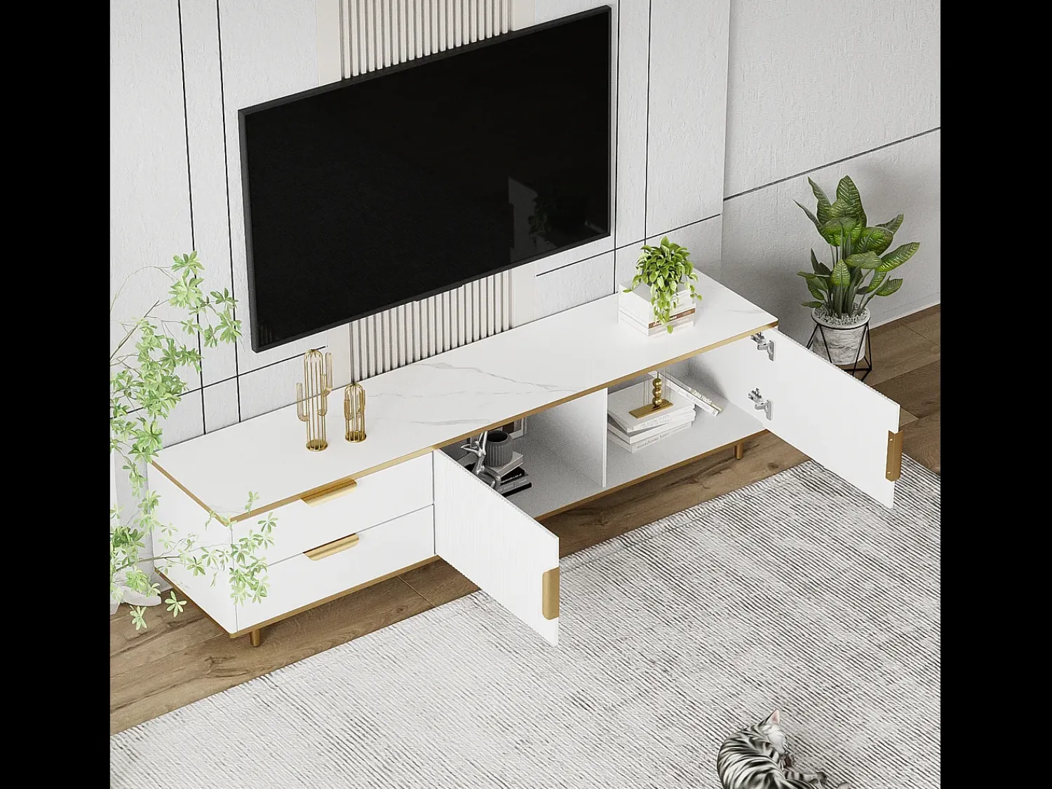 Merax Móvel TV com 2 portas e 2 gavetas - 175x40x45cm - Madeira MDF - puxadores e pés dourados - tampo padrão mármore -^ Móvel De Tv